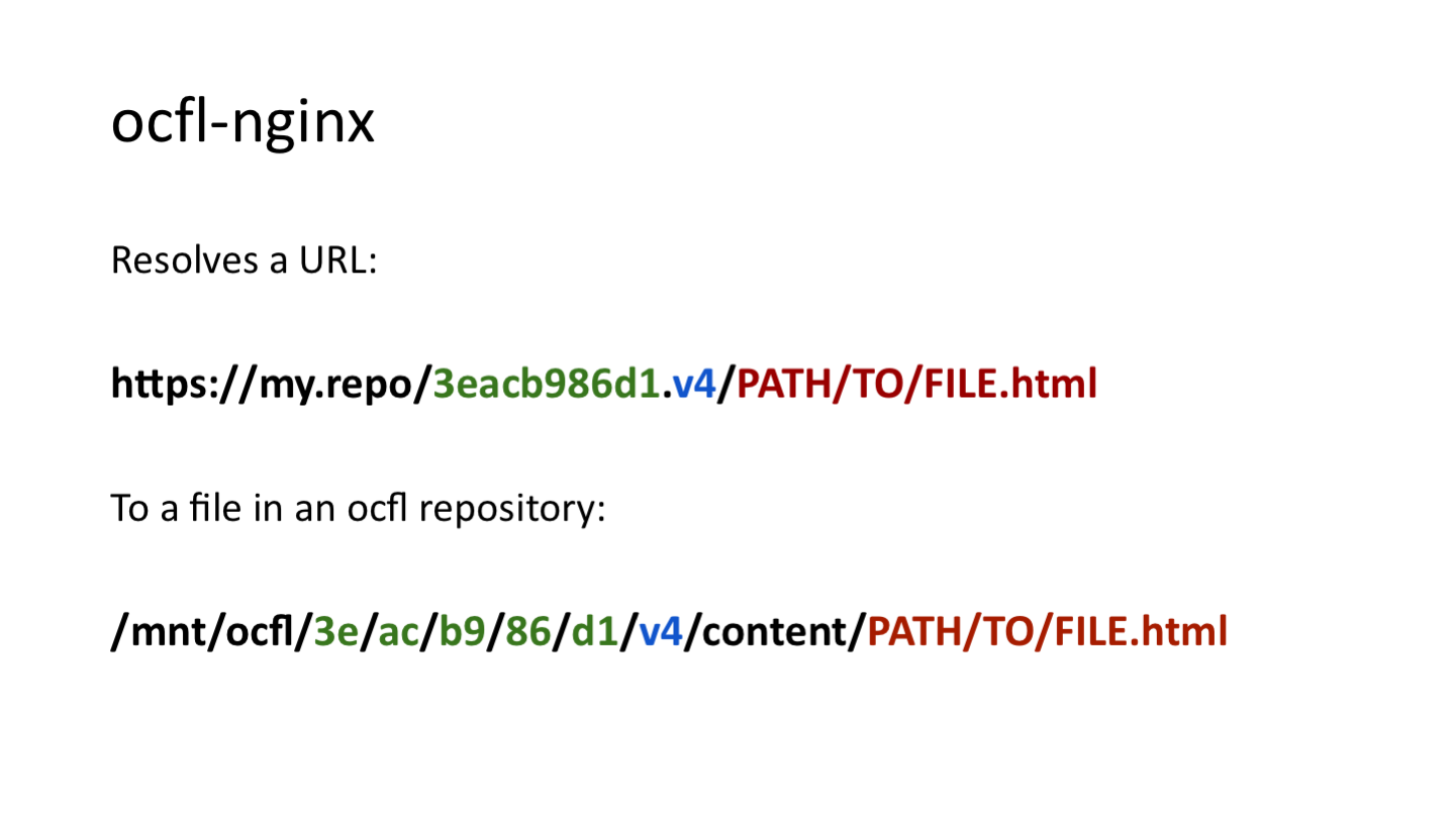 ocfl-nginx
Resolves a URL:
<p>https://my.repo/3eacb986d1.v4/PATH/TO/FILE.html</p>
<p>To a file in an ocfl repository:</p>
<p>/mnt/ocfl/3e/ac/b9/86/d1/v4/content/PATH/TO/FILE.html</p>
<p>